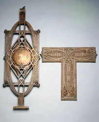 Żeliwna tralka schodowa pomiedziowana i metalowy panel dekoracyjny pomiedziowany, ok. 1894 (żeliwo miedziowane, metal miedziowany)