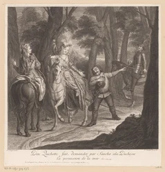 Don Kichot każe Sancho poprosić księżną o pozwolenie na spotkanie z nią Don Quichotte fait demander par Sancho ala Duchesse ca permission de la voir (tytuł na obiekcie) Historia Don Kichota z La Manchy (tytuł serii)