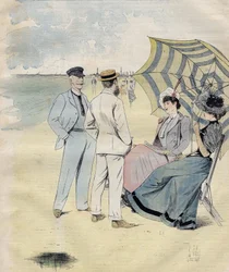 Kąpiele morskie: na plaży. od L. Vallet Akwarela. 1892.
