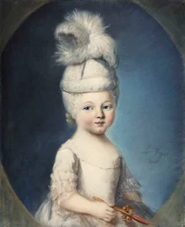 Portret markiza de Fleury jako niemowlę w watowanym kapeluszu, z pióropuszem, trzymającego złotą i koralową grzechotkę, 1762
