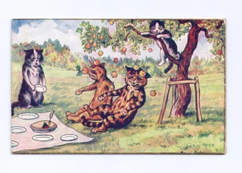 Wiktoriańska kartka z życzeniami z jabłkami spadającymi na dwa koty na pikniku, ok. 1880 r