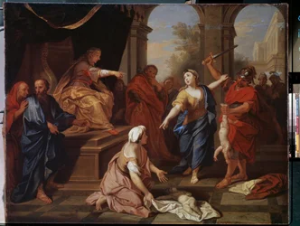 „Sąd Salomona” Dwie kobiety twierdzą, że są matką tego samego dziecka. Obraz Louis de Boullogne Młodszego (1654-1733) 1710 Muzeum Puszkina, Moskwa