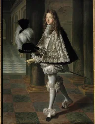 Portrait en pied de Louis Alexandre de Bourbon, hrabia Tuluzy w nowicjuszowym stroju Ducha Świętego (Zakon Ducha Świętego) (1678-1737), prawowity syn Ludwika XIV i Francoise Athenais (Francoise-Athenais) – Rochechouart Mortemart, markiza z Mont