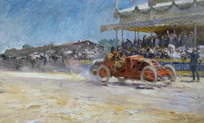 Pierwsze Grand Prix Automobile Club de France w 1906 r., przyjazd zwycięzcy, Compiegne, Francja, obraz Louisa-Marie de Schryvera (1862-1942)