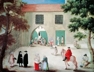 Pomoc ubogim przed opactwem Port-Royal des Champes, Louise-Magdeleine Hortemels (1688-1767), gwasz, Francja