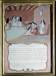 Jansenizm „”Zakonnicy opactwa Port royal des champs (Port-Royal-des-Champs) opiekujący się chorymi””. Anonimowy gwasz wg Louise Madeleine Cochin (1686-1767) Debiut XVIII wieku. Port Royal, Musee Des Granges.