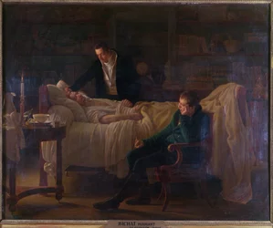 Marie Francois Xavier Bichat (1771-1802) umiera w otoczeniu lekarzy Esparon i Philibert Joseph Roux (1780-1854)