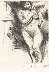 Akt z podwiniętą koszulą, rozbierająca się, 1921.