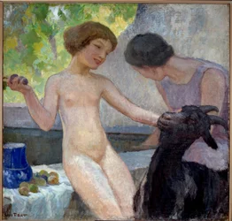 Naga dziewczynka bawiąca się z kozą. Obraz Josepha Loys Prata (1879-1934), XX wiek. Donzere, ratusz.
