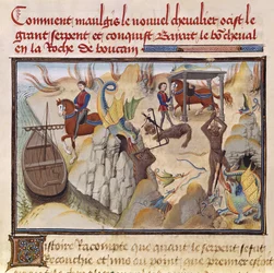 Ms 5072 fol.37v Maugis walczący z wężem i zdobywający zaczarowanego konia, Bayard, z cyklu Renaud de Montauban
