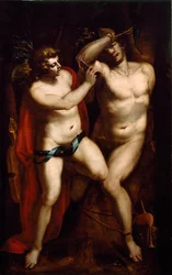 Apollo i Marsjasz Satyr zostaje ukarany za to, że przeciwstawił się Apollo lirze i zostaje przez nią zakazany. Obraz Luca Cambiaso (lub Cambiasi, Cangiagio) dit Lucchetto da Genova) (1527-1585) XVI-wieczna kolekcja prywatna