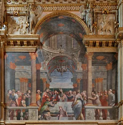 Genua, Duomo (katedra św. Wawrzyńca), wnętrze, Kaplica Lercari lub Kaplica Najświętszego Sakramentu (apsyda północna), strona północna: „Okazanie w świątyni”, fresk Luca Cambiaso