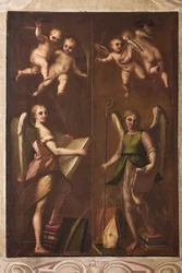 Genua, Duomo (katedra św. Wawrzyńca), zakrystia, kaplica: „Anioły z insygniami biskupimi, księgami i gałązkami palmowymi”, Luca Cambiaso, ok. 1580