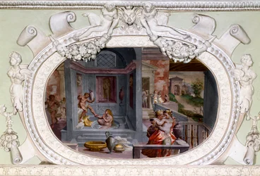 Sceny kąpieli, uwodzenia. Fresk Luca Cambiaso (1527-1585)