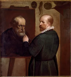 Autoportret artysty wykonującego portret ojca Obraz Luca Cambiaso (1527-1585) ok. 1570 r. Słońce. 104x97 cm Geny, Musei di Strada Nuova