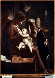 Matka Boska i Dzieciątko ze św. Janem Chrzcicielem lub „Dziewica świecą” lub „Święta Rodzina ze św. Anną i św. Janem Chrzcicielem” (Matka Boża ze świecą) Obraz Luca Cambiaso (1527-1585)