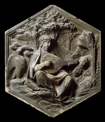 Alegoria muzyki jako Orphee Leśne zwierzęta słuchają Orphee grającego na lutni. Płaskorzeźba Luca della Robbia