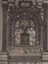 Ołtarz kościoła Santa Maria delle Grazie, dł. Luca della Robbia, Montepulciano, Toskania, Włochy, drzeworyt z Le cento citta d