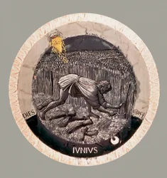 Czerwiec: chłop zbierający pszenicę. Terakota autorstwa Luca della Robbia