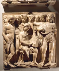 Laudate Eum in chordis et organo (Psalm 150, Laudate Dominum), tablica z chłopcami śpiewającymi przy organach, harfie i lutni