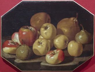 Martwa natura z jabłkami i gruszkami, obraz olejny Luca Forte (1610-1670)
