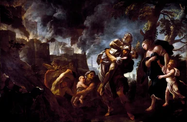 Eneasz ucieka z Troi. Eneasz niesie Anchizesa i ucieka z miasta, które wpadło w ręce Achajów. 1675-1680. Genua, Galleria Nazionale di Palazzo Spinola