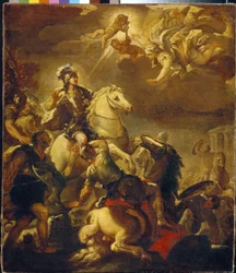 Ukazanie się krzyża cesarzowi Konstantynowi (Flauius Valerius Aurelius Constantinus, 272-306). (Objawienie Krzyża Cesarzowi Konstantynowi). Obraz Luca Giordano (1632-1705), olej na płótnie, ok. 1680 r. Sztuka włoska (Neapol)