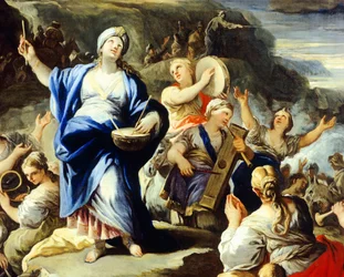 Scena tańca i śpiewu, z Pieśni Miriam, Luca Giordano (1634-1705), olej na miedzi