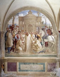 Benedykt wysyła Maura do Francji i Placyda na Sycylię (Benedykt wysyła Maura do Francji i Placyda na Sycylię) Fresk klasztoru wykonany przez Lukę Signorelli opowiadający o życiu św. Benedykta z Nursji (480 - 567) założyciela Zakonu Benedyktynów 1497-