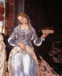 Benedykt powiedział mnichom, gdzie i kiedy jedli poza klasztorem Szczegół Fresk w krużganku wykonany przez Luca Signorelli (1445 ca-1523) opowiadający o życiu św. Benedykta z Nursie (480 - 567) założyciela Zakonu Benedyktynów 1497-1498 Opactwo Monte Oli