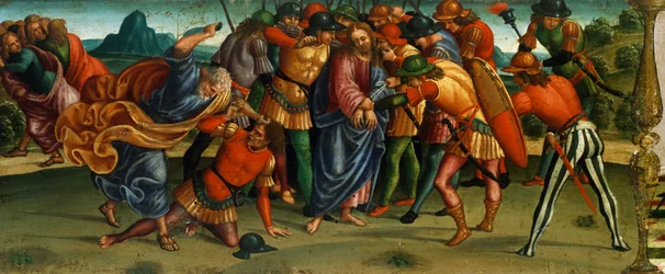 Ujęcie Chrystusa, fragment z predelli Opłakiwanie martwego Chrystusa autorstwa Luca Signorelli (1441-50 - 1523), tempera na desce, 270x240 cm