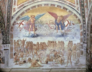 Zbliżenie fresku w katedrze, Zmartwychwstanie ciała, Luca Signorelli, Orvieto, Umbria, Włochy