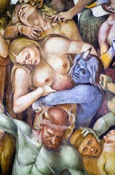 Przeklęty w piekle, detal z autoportretem Luki Signorelli w przebraniu niebieskiego demona, z cyklu fresk Sąd Ostateczny