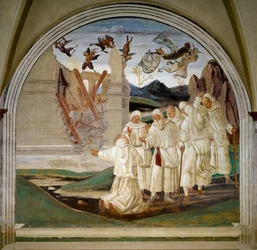 Życie św. Benedykta: „Jak Bóg karze Florenta” Mnich opowiada świętemu, że Florent (Fiorenzo) zginął pochowany podczas dekompresji swojego domu zestrzelonego przez demony. Fresk autorstwa Luca Signorelli (ok. 1445-1523)