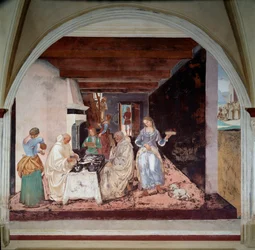 Żywot św. Benedykta z Nursie (ok. 480-547): „Jak Benedykt powiedział mnichom, gdzie i kiedy ma jeść poza klasztorem” (Jak Benedykt powiedział mnichom, gdzie i kiedy ma jeść poza klasztorem) Wyprodukowany fresk klasztoru