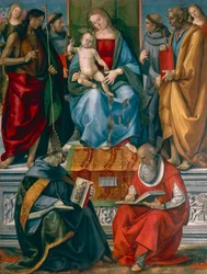 Madonna z Dzieciątkiem z Janem Chrzcicielem, Franciszkiem z Asyżu, Antonim z Padwy, Józefem Bonawenturą i Hieronimem – Luca Signorelli (ok. 1445-1523)