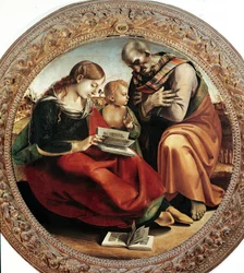 Święta Rodzina. Obraz Luca Signorellego (1450-1523), około 1495. Tondo. Średnica: 124 cm. Florencja, Galleria degli Uffizi (Galeria Uffizi)