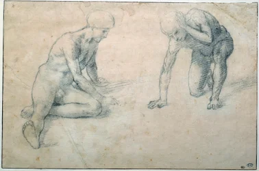 Dwaj kucający nadzy mężczyźni. Rysunek Luki Signorellego (1441-1523), XV wiek. Wys. 0,31 x 0,7 m, Paryż, Musée du Louvre