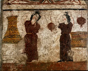 Grupa tancerzy podczas obrzędu pogrzebowego. Fresk lukański z IV wieku p.n.e., z nekropolii w Paestum we Włoszech. Museo Nazionale Archeologico, Paestum