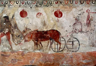 Pasterz stada i dwa osły. Lukański fresk z IV wieku p.n.e., z nekropolii w Paestum we Włoszech. Museo Nazionale Archeologico, Paestum