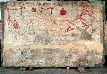 Lukański fresk przedstawiający kwadrygę z IV wieku p.n.e., z nekropolii w Paestum we Włoszech. Museo Nazionale Archeologico, Paestum