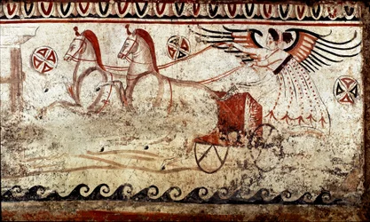 Wiktoria jadąca bigą. Fresk lukański z IV wieku p.n.e., z nekropolii w Paestum we Włoszech. Museo Nazionale Archeologico, Paestum