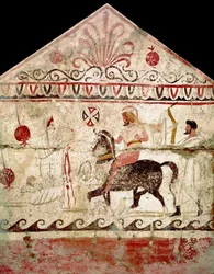 Powrót zwycięskiego wojownika. Fresk lukański z IV wieku p.n.e., z grobowca 86 na nekropolii Andriuolo w Paestum we Włoszech. Museo Nazionale Archeologico, Paestum