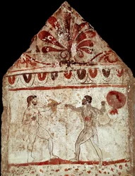 Dwaj atleci uprawiający pięściarstwo (boks). Lukański fresk z IV wieku p.n.e., z nekropolii w Paestum, Włochy. Museo Archeologico Nazionale, Paestum