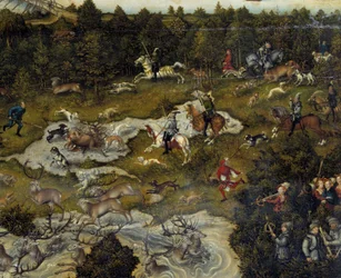 Polowanie na cześć Karola V na zamku Torgau w Niemczech Polowanie na jelenie. Szczegół. Obraz Lucasa Cranacha Starszego