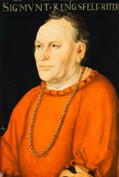 Portret Sigmunta Kingsfelta, połowa długości, w czerwonym stroju,