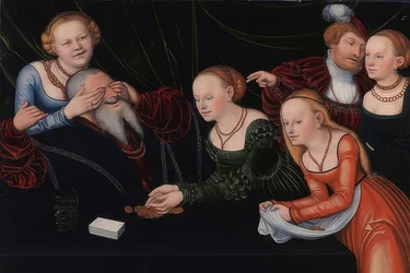 Stary człowiek zaczarowany przez kurtyzany. Około 1537