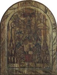 Ołtarz Pfirtschera: Chrystus jako Człowiek Boleści, siedzący na sarkofagu między Dziewicą i św. Janem [panel centralny]