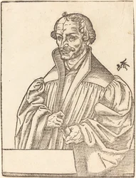 Philip Melanchton, w połowie po lewej, stojący za napierśnikiem