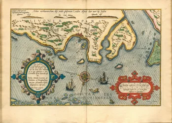 Livonie (Nord de la Lituanie actuelle) - Mapa Liwonii (Die cust va Lijfflandt z eijlanden daer beneffens...) - Waghenaer, Lucas Jansz. (1533/34-1606) - 1586 - Miedzioryt, akwarela - Kolekcja prywatna